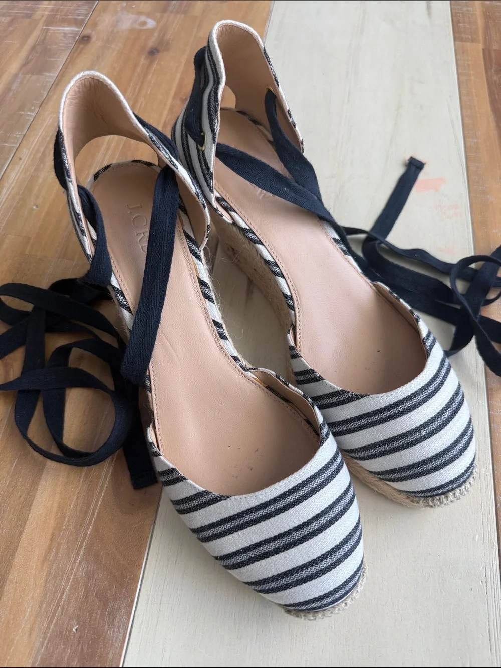 J. Crew Black and White Striped Espadrille Tie-Up Flats